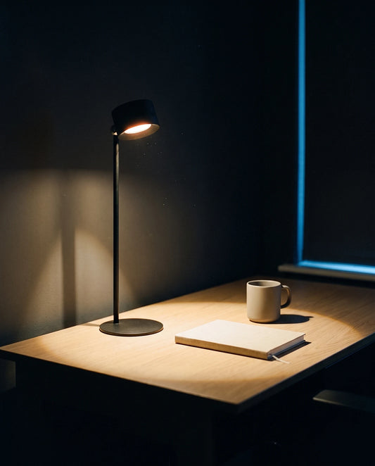The Lumivano Halo standing on a pale oak desk in a dark study, its head tilted down to throw a warm circle of light onto a closed linen notebook and a stoneware mug, with a thin cool rim of window light along the far desk edge.