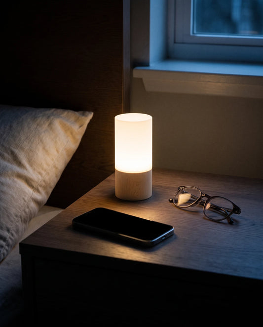 The night light glowing on a dark oak bedside table at night, next to the corner of an ivory linen pillow, with a smartphone lying flat in front of it and a pair of folded reading glasses beside it. The lamp is a little shorter than the phone is long. Faint blue moonlight from a window behind.
