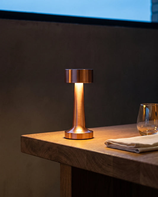 The Lumivano Tavern standing on the corner of a solid oak counter against a dark plaster wall, its warm light pooling on the wood beside a folded ivory linen cloth and an empty glass, with a cool blue band of dusk along the top of the wall.