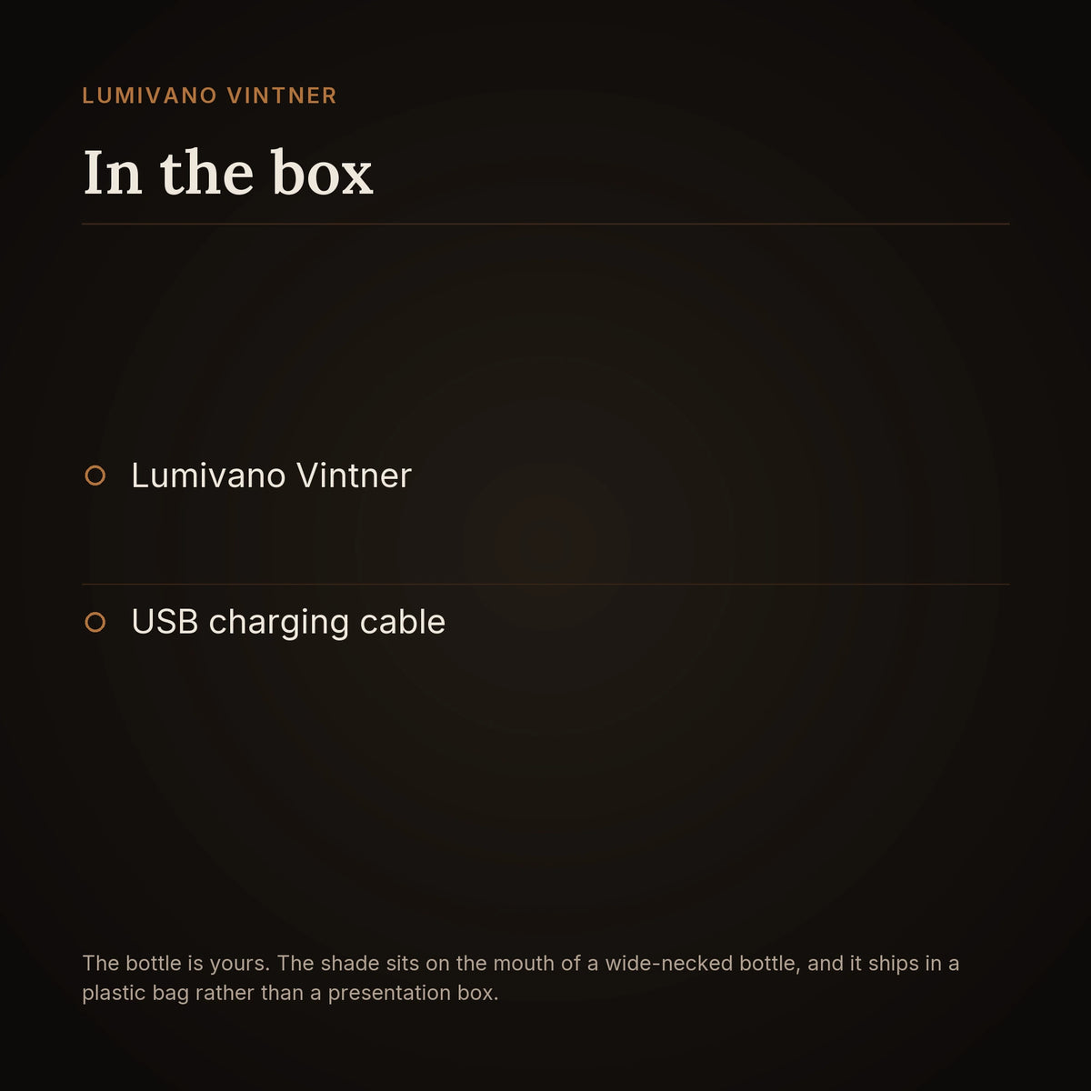 An in-the-box card on the dark brand ground listing the Lumivano Vintner and a USB charging cable, and noting that the bottle is not included, that the shade sits on the mouth of a wide-necked bottle and that it ships in a plastic bag.