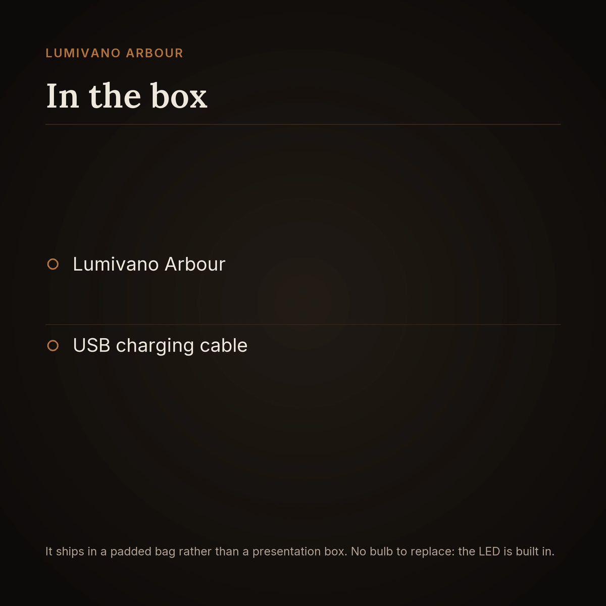 An in-the-box card on the dark brand ground listing the Lumivano Arbour and a USB charging cable, and noting that it ships in a padded bag rather than a presentation box and that the LED is built in.