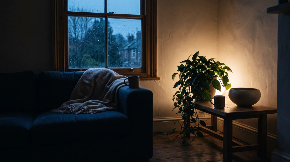 A dark living room in the evening, with rain on the window, a blanket over the sofa and a warm light glowing behind a trailing plant on a small wooden table