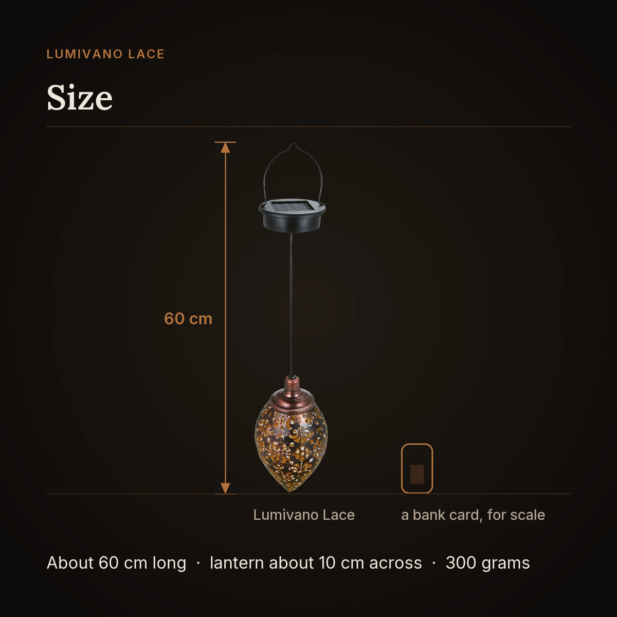 A size card on the dark brand ground: the whole lantern, from the top of its wire handle to the pointed tip, drawn about 60 cm long next to the outline of a bank card for scale, with a note that the lantern itself is about 10 cm across and the whole thing weighs about 300 grams.