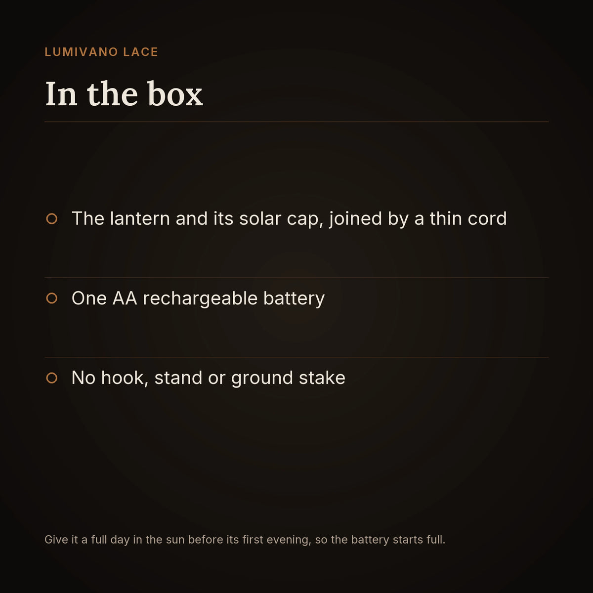 An in-the-box card on the dark brand ground listing the lantern and its solar cap joined by a thin cord, one AA rechargeable battery, and no hook, stand or ground stake, with a note to give it a full day in the sun before its first evening.