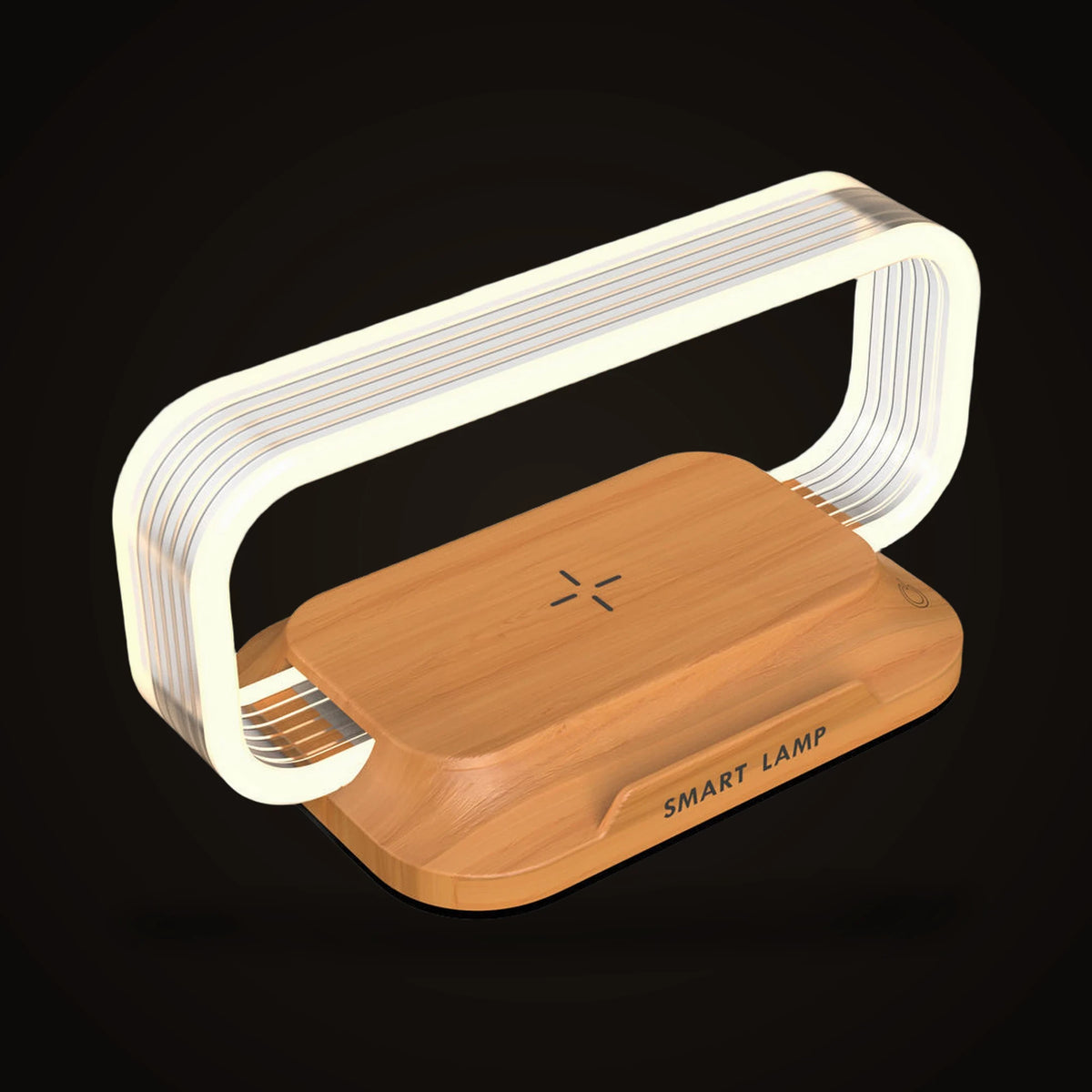 The Lumivano Lintel on the dark brand ground: a rounded-rectangle hoop made of stacked strips of clear acrylic, glowing warm white, over a low honey-coloured wood-look base with a cross-shaped charging mark on its top panel, a small round touch symbol at the right and the words SMART LAMP on the front lip.