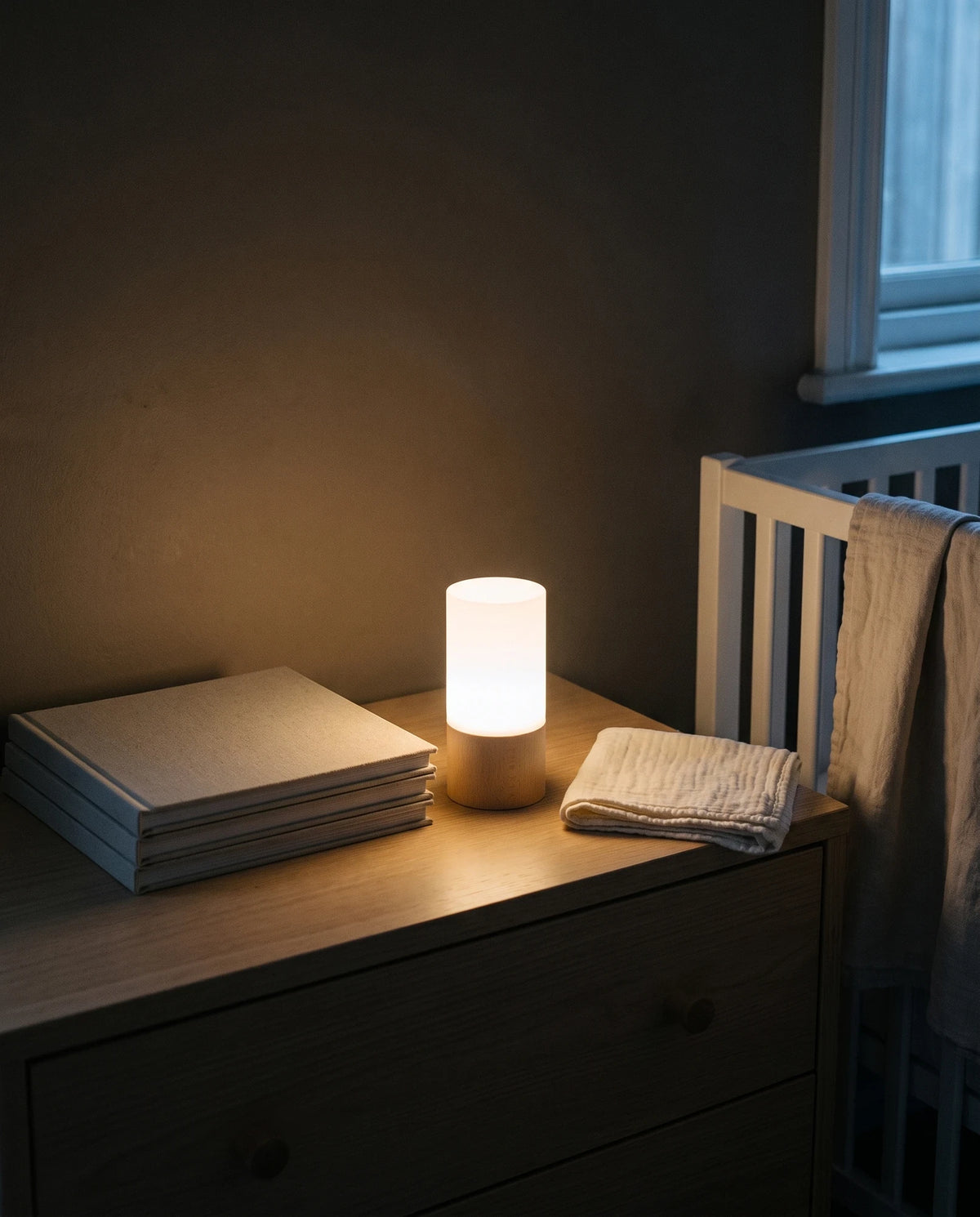 The night light glowing on a light wooden chest of drawers in a dark nursery, between a stack of large square picture books and a folded muslin cloth, with the white rail of a cot and a linen blanket at the side and a window behind.