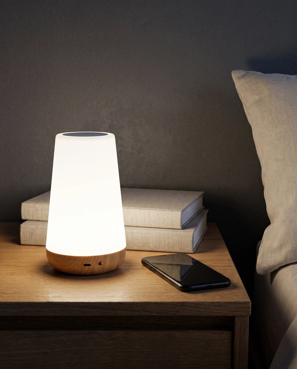 Close view of the Lumivano Thimble glowing soft white on an oak bedside table in the evening, in front of two linen-covered books, with a smartphone lying face down beside it and the edge of a linen pillow on the right. The wood-grain base shows its charging port, pinhole and small slide switch.