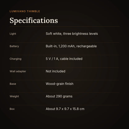 A specification card for the Lumivano Thimble on the dark brand ground: soft white light with three brightness levels, a built-in rechargeable 1,200 mAh battery, charging at 5 V / 1 A with the cable included, wall adapter not included, a base with a wood-grain finish, about 290 grams, in a box of about 9.7 by 9.7 by 15.8 cm.