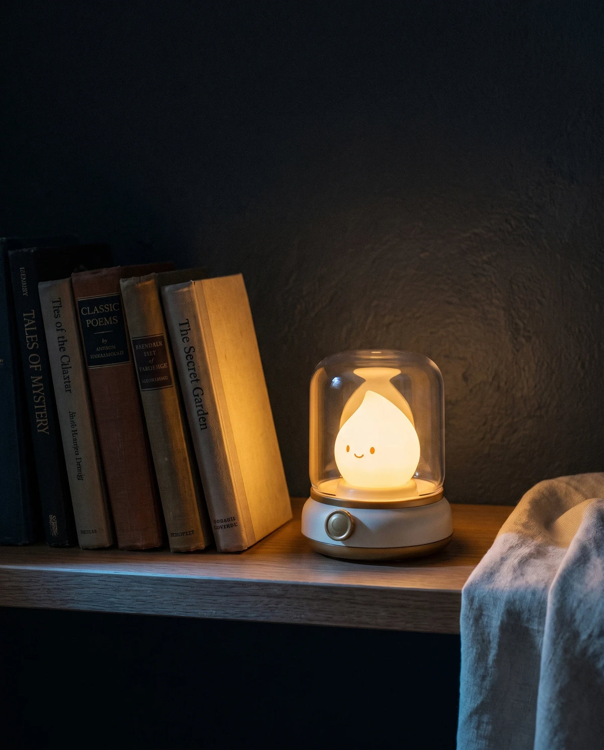 The Lumivano Wick lit on a low oak bookshelf against a dark plaster wall, its warm glow picking out the spines of several leaning hardbacks, with an ivory linen cloth draped over the shelf edge and a cool blue line of moonlight along the front.