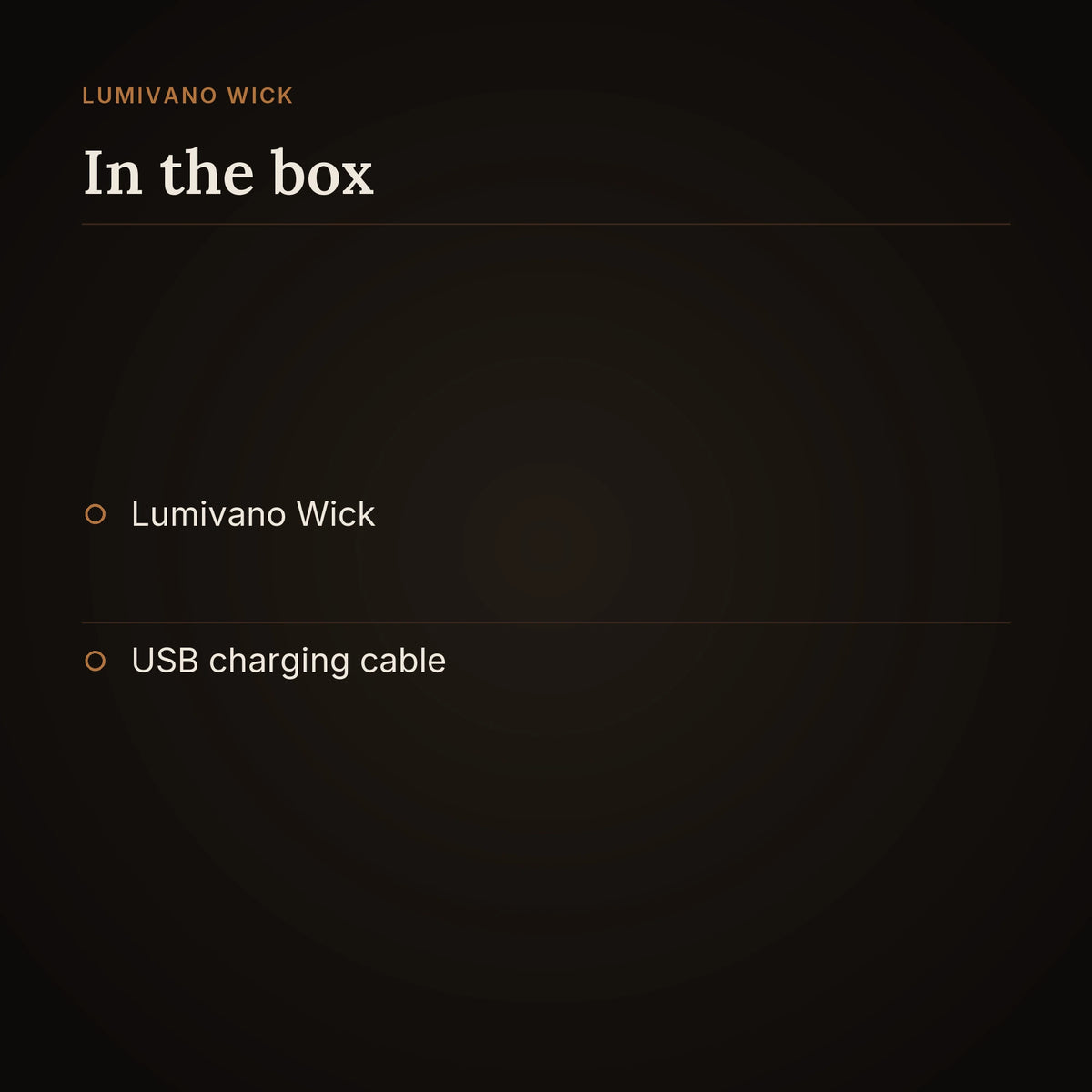 An in-the-box card on the dark brand ground listing two items: the Lumivano Wick and a USB charging cable.
